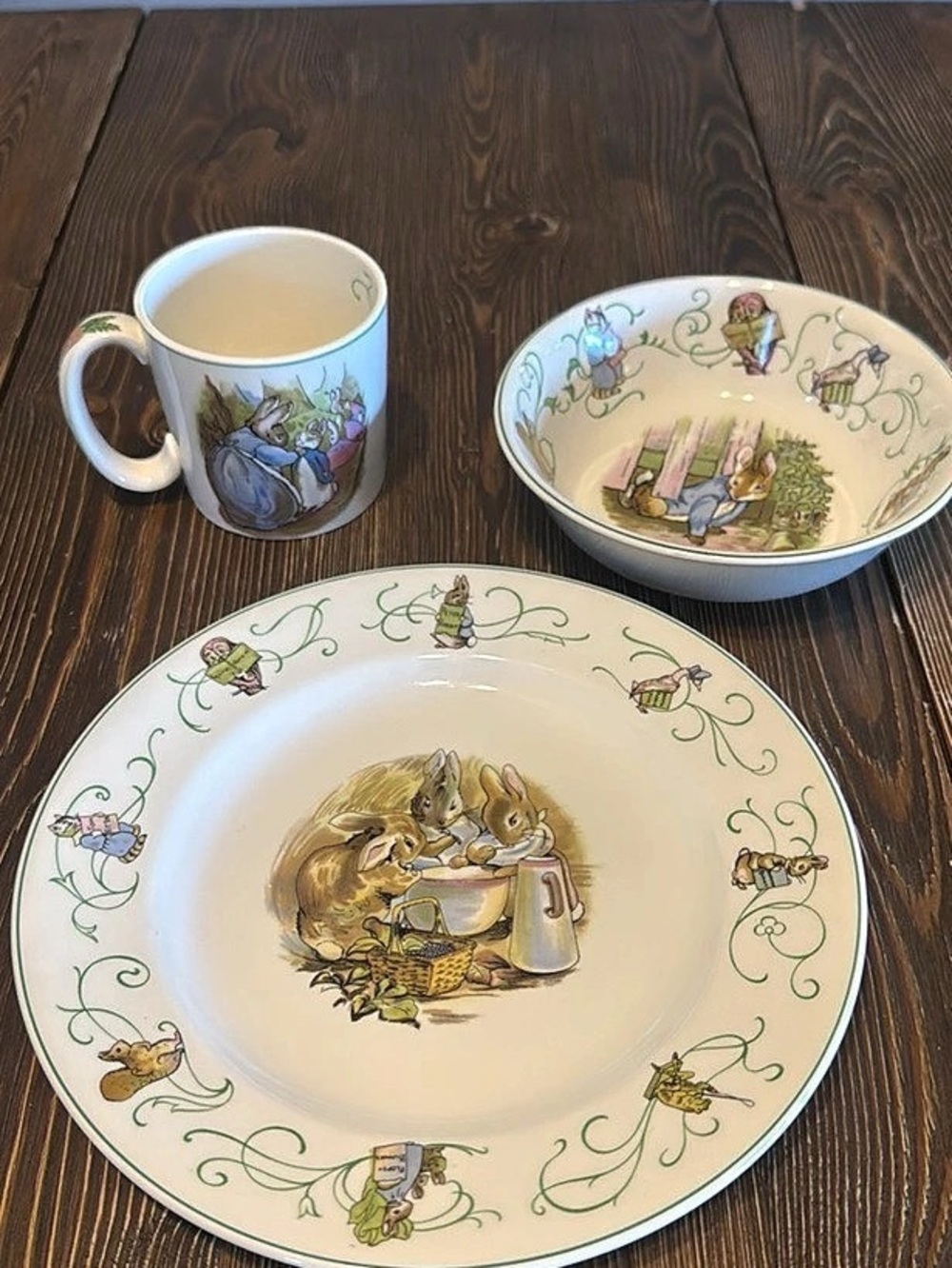 Vintage 1960 Wedgwood Peter Rabbit 3-Piece Childrens Set Green Line